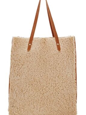 Barneys New York Beige Shearling Tote with Brown Handles
